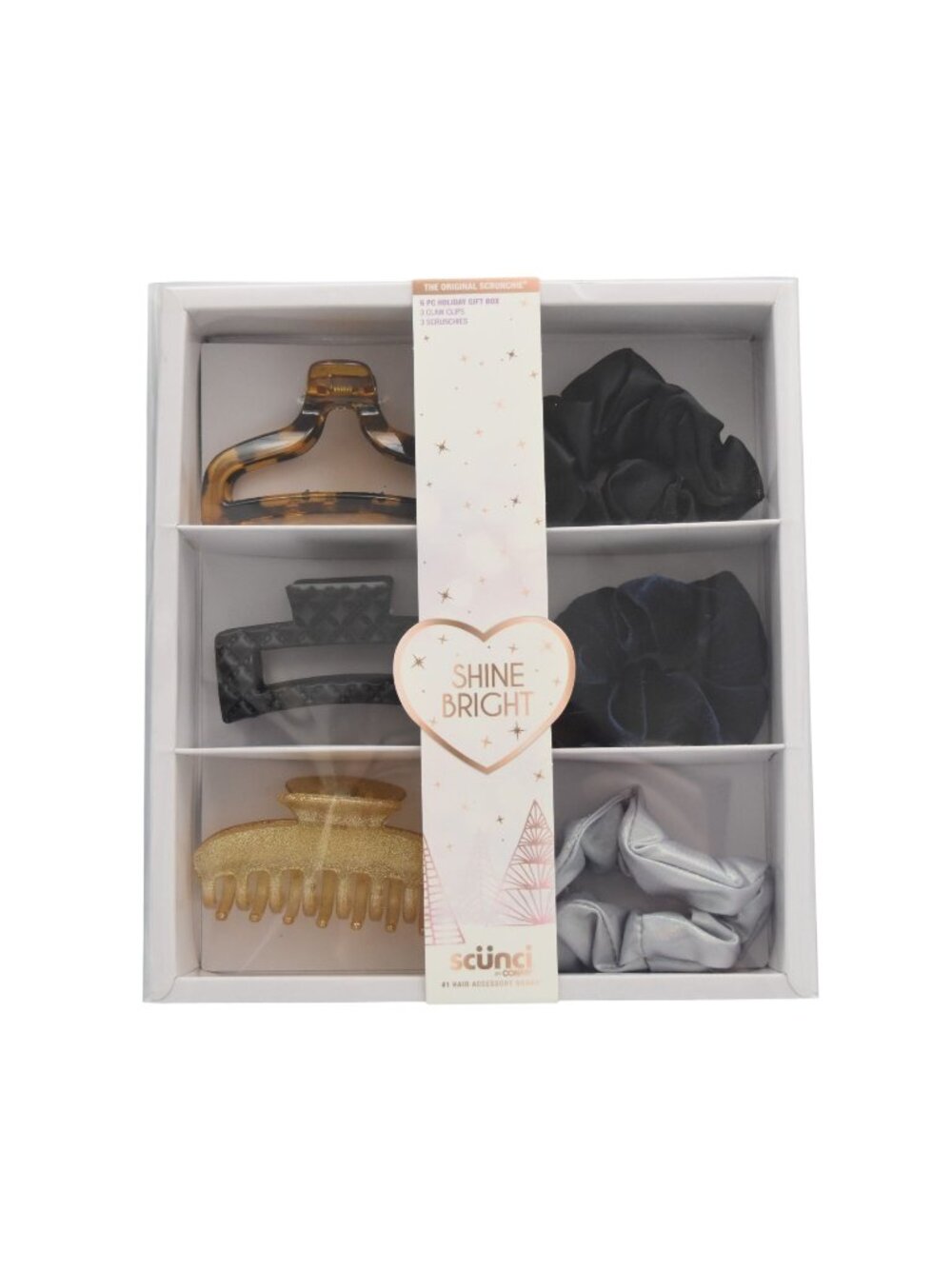Scunci Shine Bright 6 Piece Hair Accessories Gift Set 3 Claw Clips 3 Scrunchies